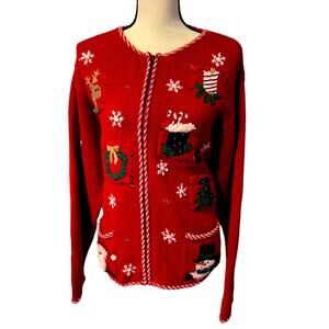 Women's Croft & Barrow Size XL Zip Up Christmas Sweater Red Santa Claus Snowman